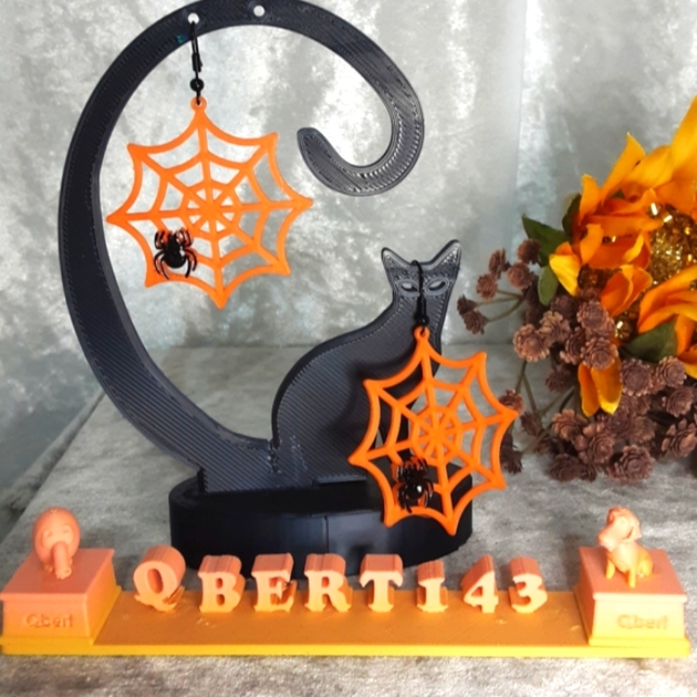 Handmade Earrings 3D Printed Spiderwebs With Crystal Beaded Spiders Orange Black - Picture 3 of 7
